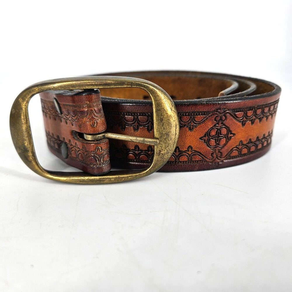 Brown Embossed Western Leather Belt Brass Buckle Size 40 Large 1.50" W USA